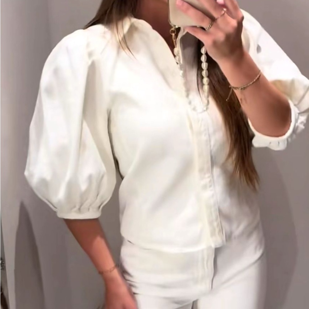 NWT Zara White Denim Puff Sleeve Blouse XS
